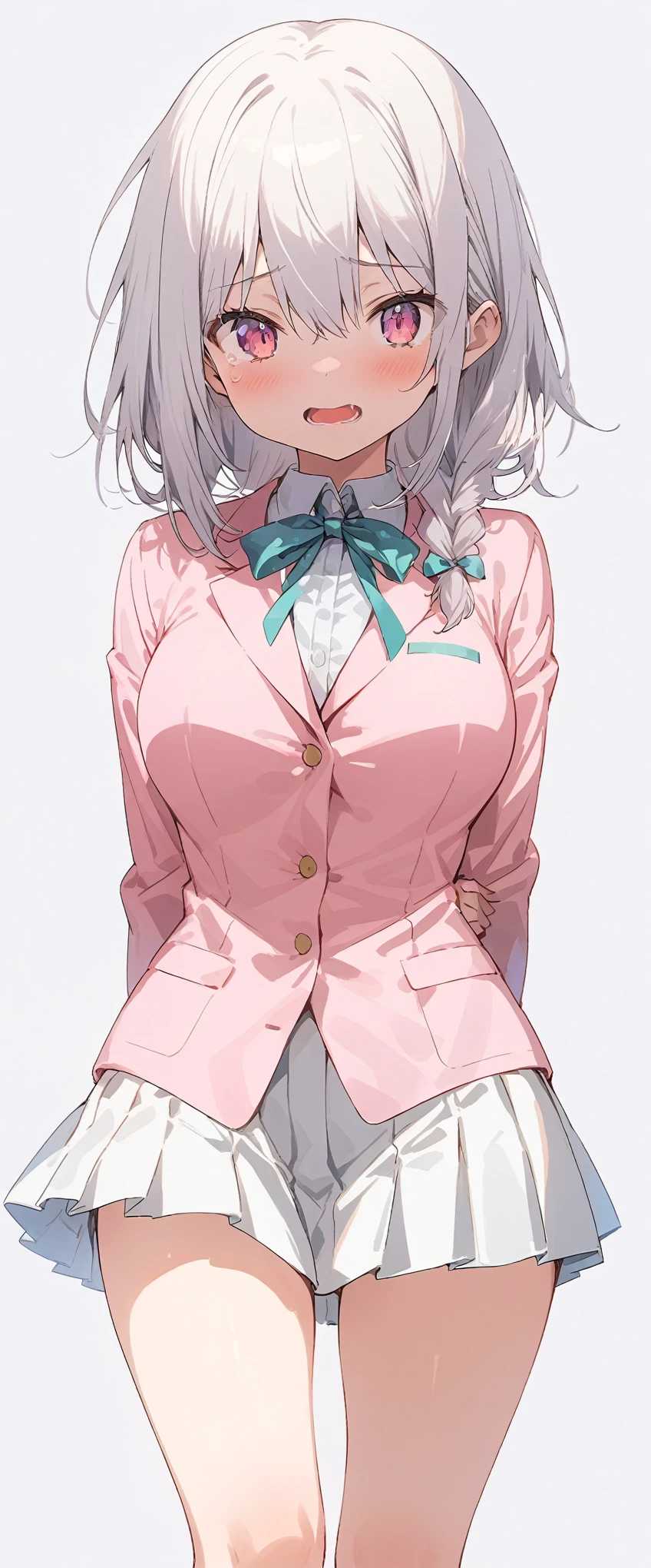 White background、white background、Blank background、Ultra-high resolution, highest quality,Solo,just standing girl, One young girl、Full body view from the front、arms behind back、Put your hands behind your back、Hide your hands、fish-bone braid hair、Fishbone Hair、grayish white hair、beautiful detailed eyes、Grey hair x pink eyes、pink eyes、shedding large tears、Troubled expression、Open your mouth wide、Ample breasts、White long sleeve blazer,White pleated skirt、Knee-high socks、