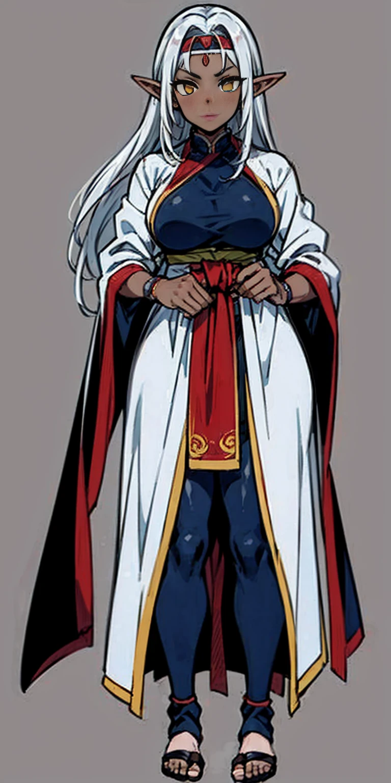 (Masterpiece, plain background:1.2) Female full body, standing straight symmetrical feet together, Pirotess dark elf, dark skin, long white hair, circlet, yellow eyes, 1990s (style), ninja Kunoichi, female 1sologirl