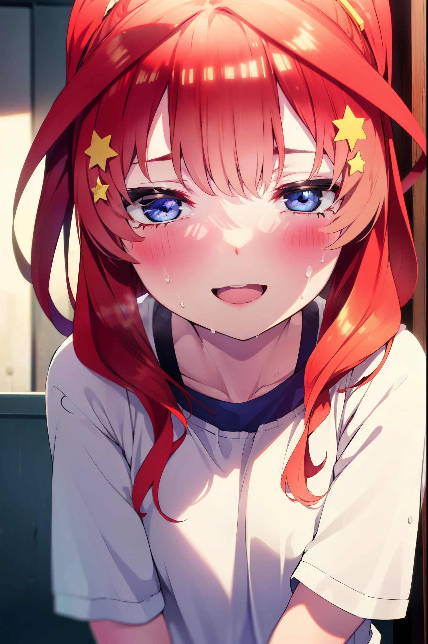 itsukinakano, Itsuki Nakano, bangs, blue eyes, Hair between the eyes, Ahoge, Redhead, star \(symbol\), hair ornaments, star hair ornaments,ponytail, smile, happy smile, smile, Open your mouth,smile,Sweat,Wet Skin,Wet clothes,Sportswear,Bloomers,sneakers,whole bodyがイラストに入るように,running,
break outdoors ,School,グラウンド
break looking at viewer, whole body,
break (masterpiece:1.2), highest quality, High resolution, unity 8k wallpaper, (shape:0.8), (Beautiful details:1.6), Highly detailed face, Perfect lighting, Extremely detailed CG, (Perfect hands, Perfect Anatomy),