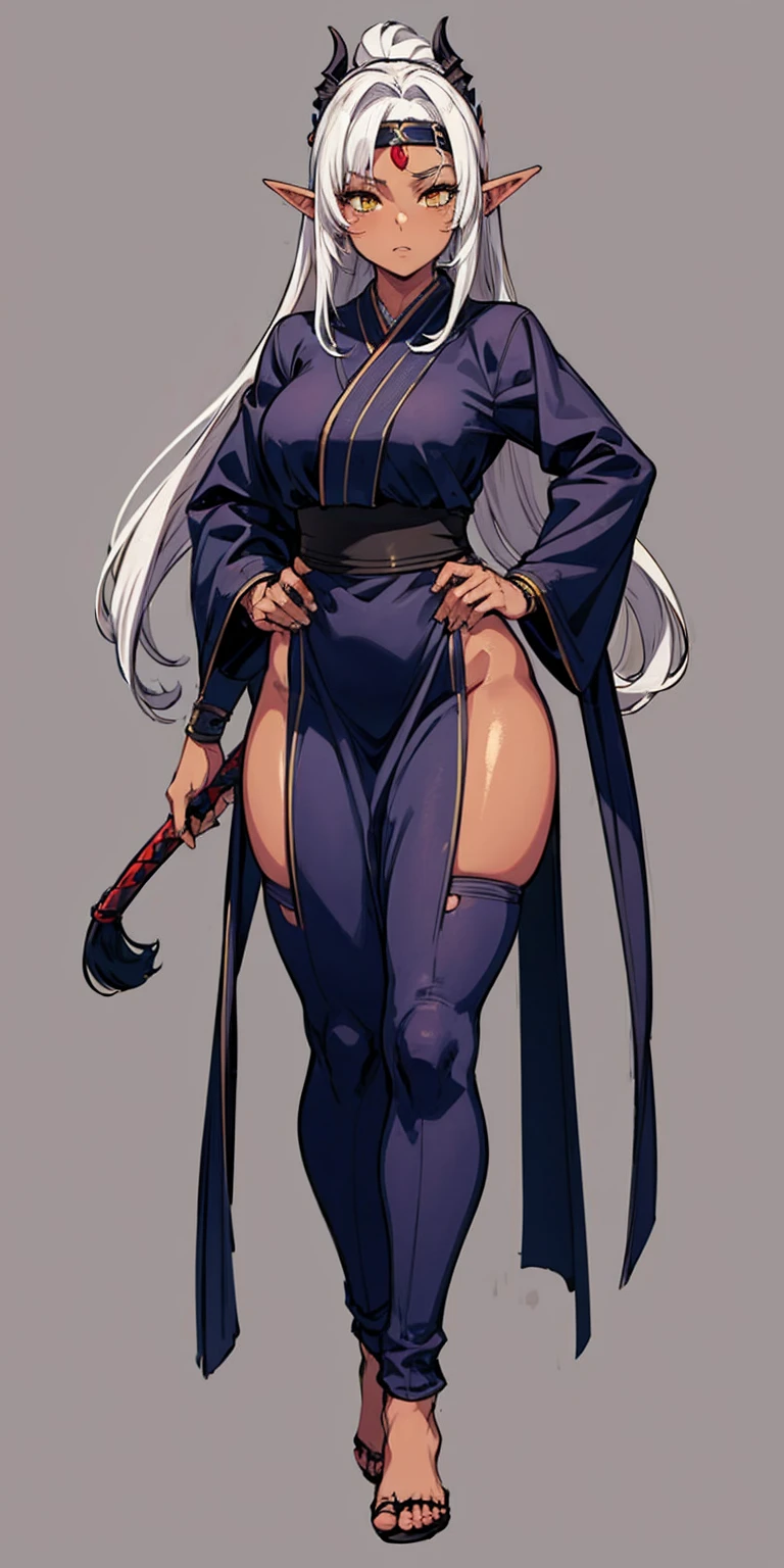 (Masterpiece, plain background:1.2) Female full body, standing straight symmetrical feet together, Pirotess dark elf, dark skin, long white hair, circlet, yellow eyes, 1990s (style), ninja Kunoichi, female 1sologirl