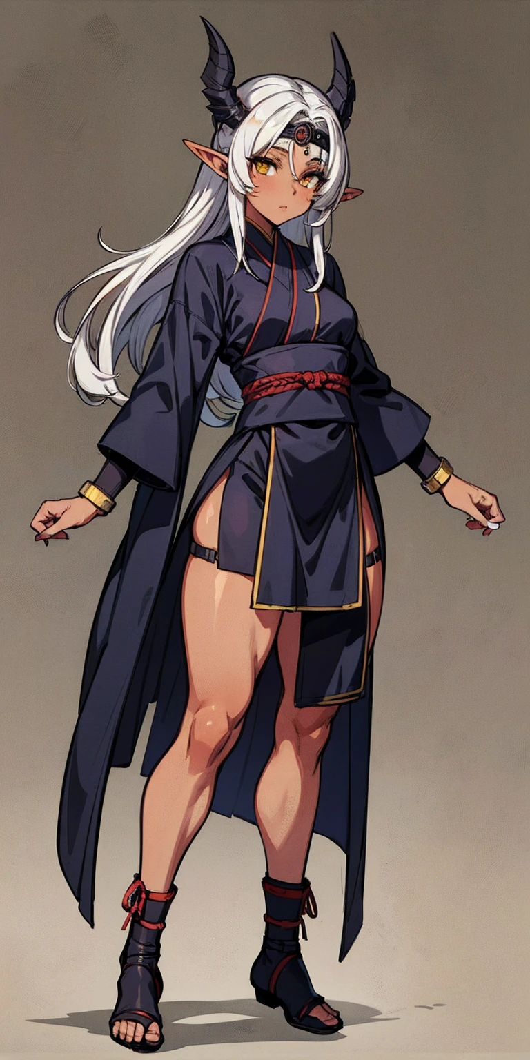 (Masterpiece, plain background:1.2) Female full body, standing straight symmetrical feet together, Pirotess dark elf, dark skin, long white hair, circlet, yellow eyes, 1990s (style), ninja Kunoichi, female 1sologirl