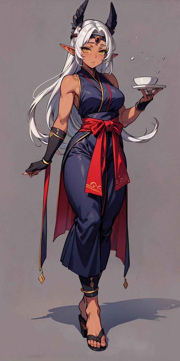 (Masterpiece, plain background:1.2) Female full body, standing straight symmetrical feet together, Pirotess dark elf, dark skin, long white hair, circlet, yellow eyes, 1990s (style), ninja Kunoichi, female 1sologirl