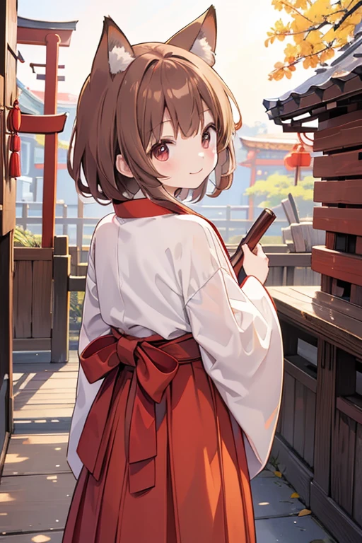 Red Hakama、Fox Ears、Light brown hair、6 、、smile、Back view、turn around、Long sleeve、shrine