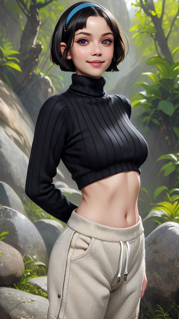 cropped sweater, midreiff, underboob, bob cut, large breasts, black hair, hairband, blue eyes, sweatpants, outdoors, mountain, nature, smile, lips, long sleeves, ribbed sweater, turtleneck sweater