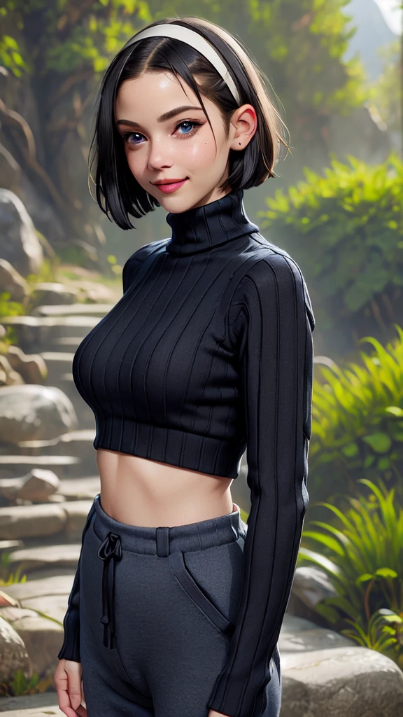 cropped sweater, midreiff, underboob, bob cut, large breasts, black hair, hairband, blue eyes, sweatpants, outdoors, mountain, nature, smile, lips, long sleeves, ribbed sweater, turtleneck sweater