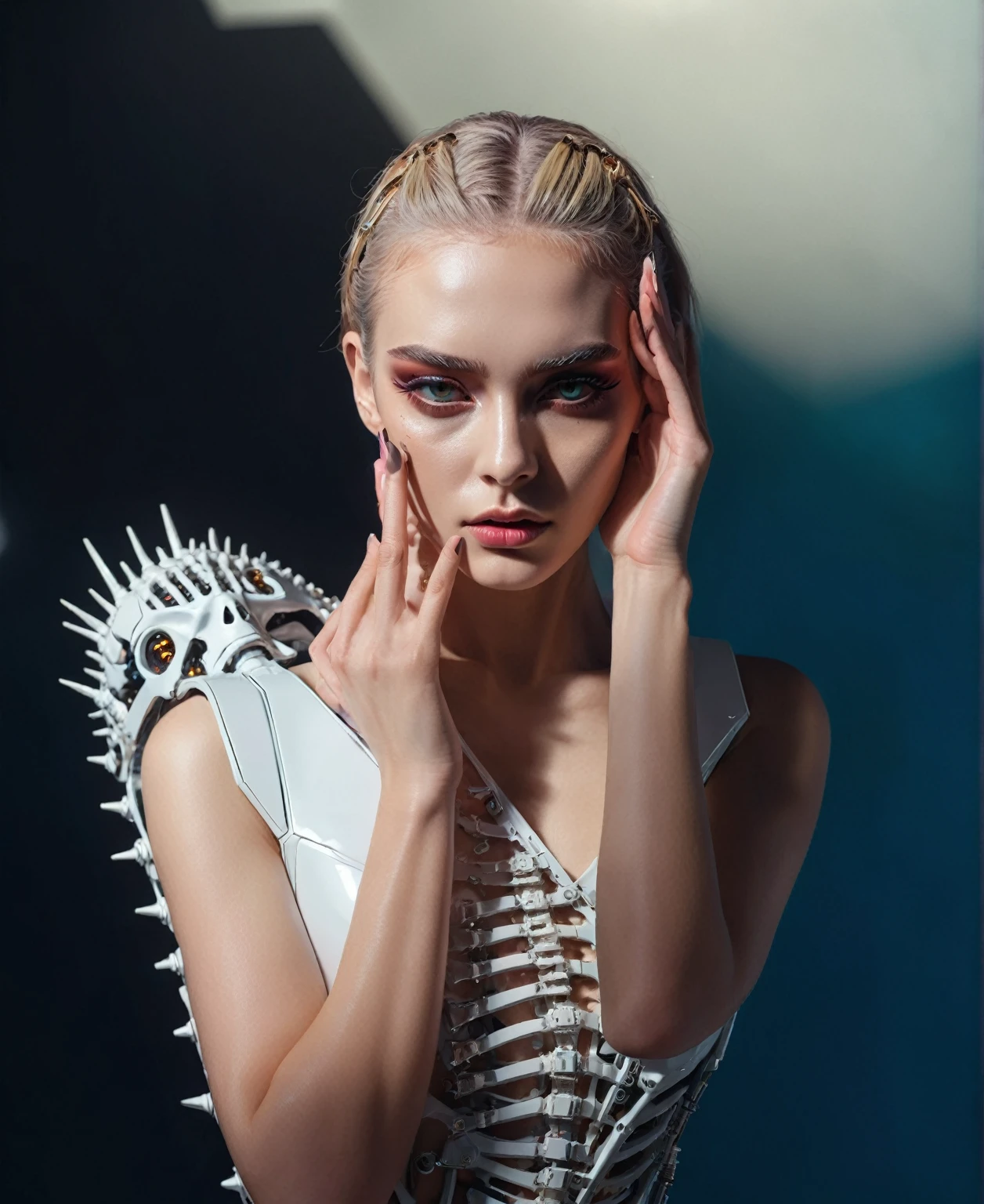 a fashion model wearing a futuristic exo-skeleton mask, vibrant colors, age aesthetic, highly detailed, cinematic lighting, 8k, hyper-realistic, photorealistic, dramatic pose, moody atmosphere, intricate mechanical details, glowing neon accents, metallic textures, sharp focus, studio lighting, dynamic composition