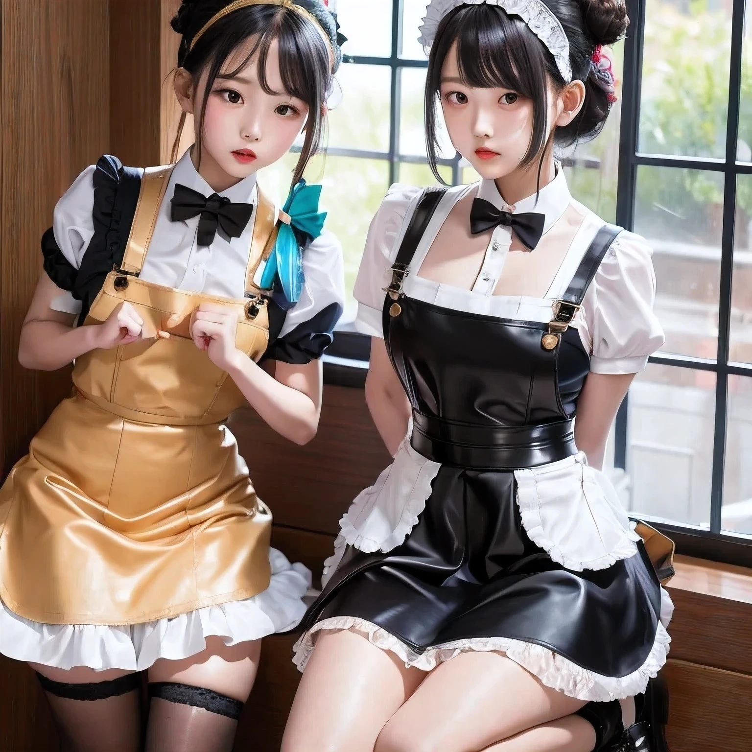 clenched fists((（one maid）))Lace headband，long hair bun，Maid overalls，Rainbow Silk Bow Tie，Short sleeves with tight cuffs，apron，Short skirt，Thigh exposed 20cm，Black high-tops over the knee，leather shoes，Facial expression puzzled，Put your hands behind your back
