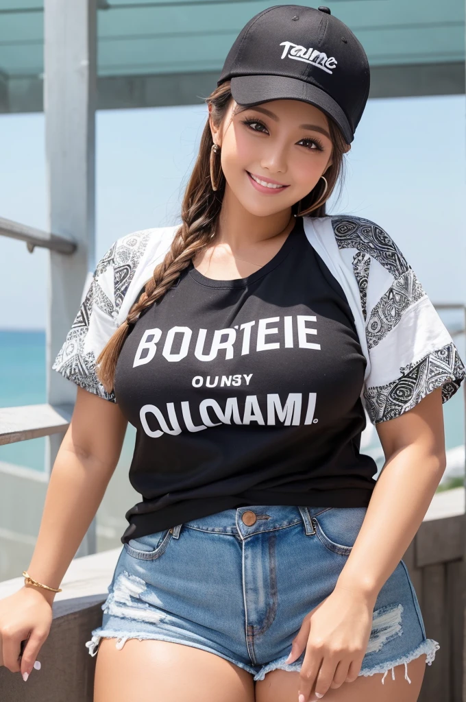 masterpiece,ultra detailed,black cap,patterned white t-shirt,denim short pants,(tanned skin),plump mature face,brown hair,(tareme:1.1),make-up,cotton shirt jacket,28 years old,seductive female,smile,curvy gyaru