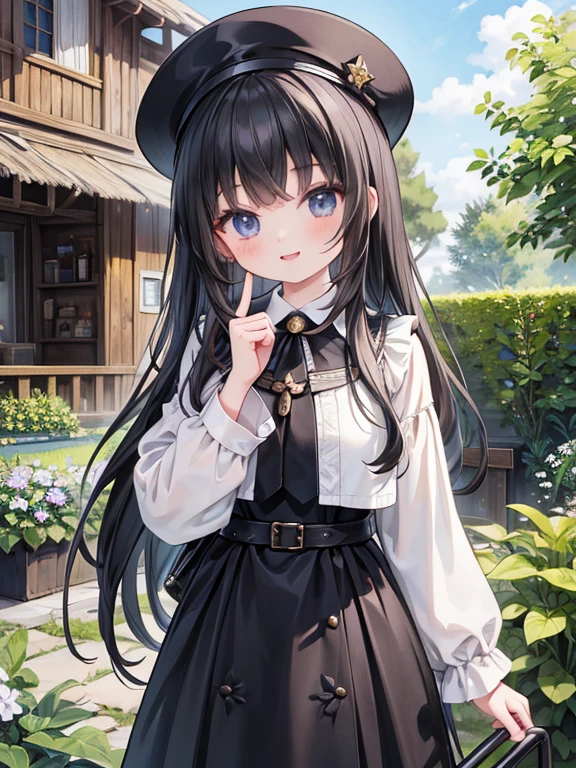 masterpiece, highest quality, Very detailed, 16k, Ultra-high resolution, Cowboy Shot, Detailed face, Perfect Fingers, , smile, black eye, Black Hair, Long Hair, Western-style building, garden, cleric, Clergyman's attire