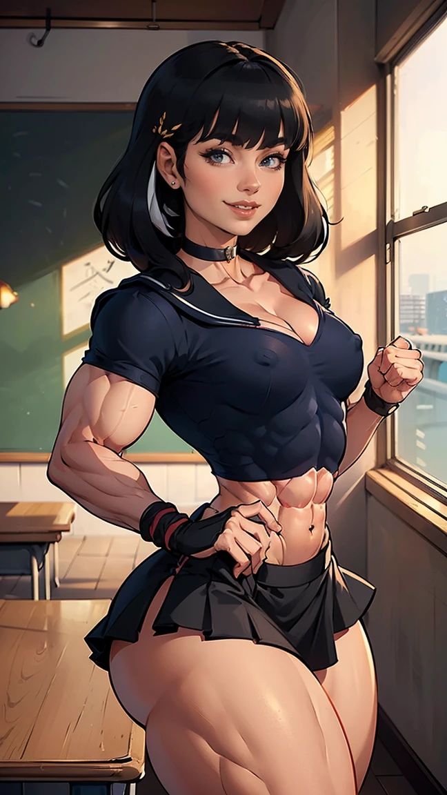 (Muscular:1.8), (thick thighs:2.1), (asian female:2), adult, (blunt bangs, long black hair:1.5), (glasses), earrings, eyeshadow, lipstick, (upper body view:1.4), (striations), (hard nipples), (small breasts:2.5), wearing a watch, wearing a bracelet, (choker, school top, sailor uniform, midriff, rolled up sleeves, cleavage, flared skirt:1.8), (sculped muscles:1.6), detailed eyes, (athletic body:1.5), (muscular body:2), (looking at viewer), (big smile:1.5), office, rim lighting, two tone lighting, dimly lit, clean skin, low key (DETAILED SKIN), (three quarter view:1.2), carrying books, turned toward light source