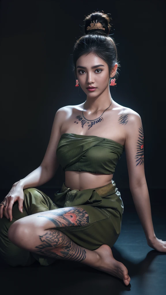 Masterpiece, Highest quality, hdr, high contrast, ((beautiful girl, Thai female soldier)), ((skin tattoo)). hair bun, Highly detailed lips, Detailed eyes, Double eyelids, Makeup.
((Thai Fluke Set, Strapless shirt)),
Long legs_full body. sit down. Under the floor. ((dark background))