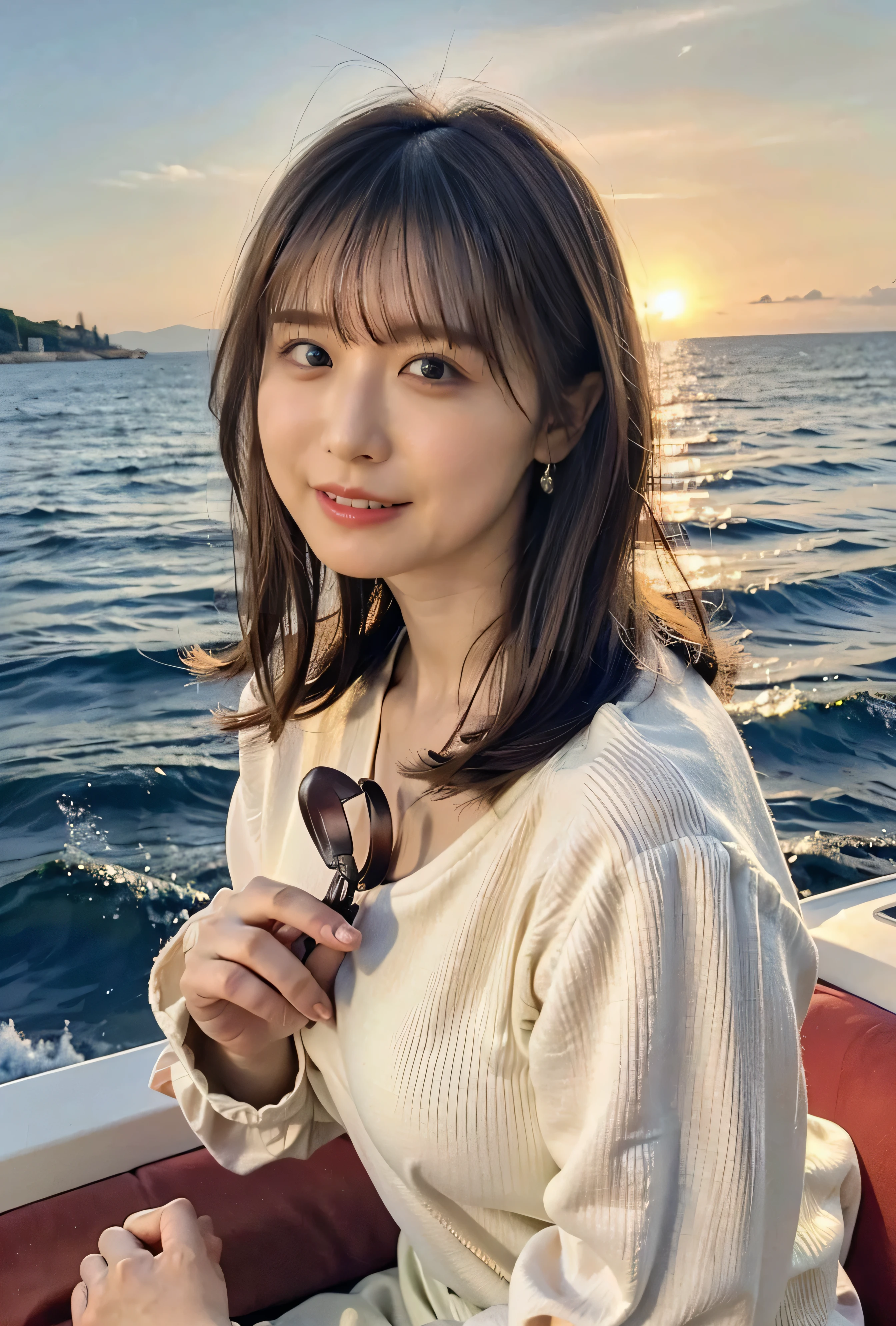 Side Ponytail、Brown Hair、The sky was dyed red、A woman in a cute outfit is sitting on a boat and watching the sunset、Her huge breasts are obvious even through her clothes.、The shining sun is so beautiful、Dusk is coming、Lens flare、I can see the sun setting、（（Sunlight reflecting off the ocean、Ocean View、The sun shines on the sea、&#39;beautiful.、Small earrings、It&#39;evening、Birds are also flying、、Brown Hair Color、Tie your hair、The woman is on the right:1.4））、Luxury Leather Belts、Shiny clothes、Light beige hair color、Background Blur、Braid only the front hair、Light brown hair、｛｛Cowgirl Shot｝｝、（（Close-up shot from the waist up、Big Breasts:1.4））、Big Breasts、Smile、Silk clothing、Big Breasts that can be seen even through clothes、Braid only the front hair、Cowboy Shot、Gorgeous white collared silk shirt and brown skirt、Dress elegantly、Luxury Bags、A lovely smile、（（airplane in the background、I&#39;Coming to the airport））、Full body photo、ring、Short skirt、Tuck your hair behind one ear、Silver Necklace、smile、 Elegant ponytail、Caustics、Highly detailed photos、Very beautiful and ideal short hair、Big Breasts、Super no makeup、(8k、RAW Photos、highest quality、masterpiece:1.2)、(Realistic、Realistic)、1 girl、((Big Breastsショートヘア、Looking into the camera:1.4))、Hair blowing in the wind
