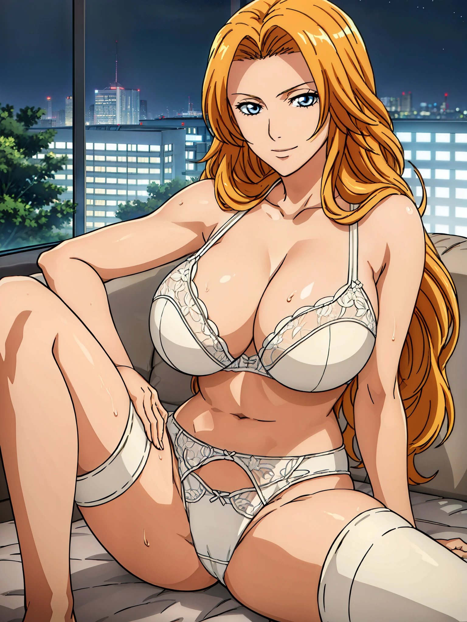 Armpit Show,On all fours on a luxury sofa, Spread your legs, Bare shoulders, White lace bra, White lace panties, White garter belt, Luxury living room background, window, Night city view, matsumoto rangiku, Anime cel style, highest quality, High resolution, (Huge breasts:1.3), Cowboy Shot, (Portrait Body), blue eyes, Blonde Hair, bangs, Long Hair, 1 girl, View Viewer, Beautiful Face, Beautiful fingers, Beautiful long legs, Beautiful body, Beautiful Nose,Beautiful character design, A light smile