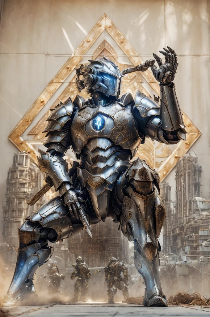realistic, ((masterpiece)), ((best quality)), (detailed), cinematic, dynamic lighting, soft shadow, detailed background, professional photography, depth of field, intricate, detailed face, subsurface scattering, realistic hair, realistic eyes, muscular, manly, photo of a handsome man, mech4rmor, wearing mechanical paladin armor, glowing, holding shield, dynamic pose, fighting stance,