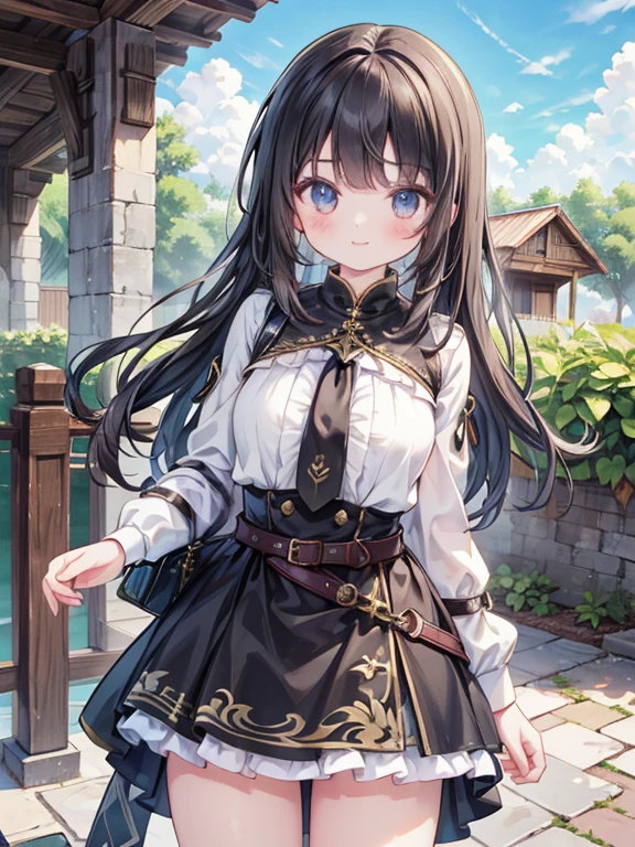 masterpiece, highest quality, Very detailed, 16k, Ultra-high resolution, Cowboy Shot, Detailed face, Perfect Fingers, 14-year-old girl, smile, black eye, Black Hair, Long Hair, Western-style building, garden, paladin, Holy Knight Outfit