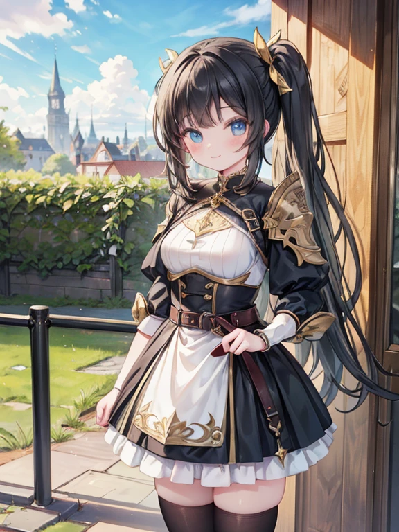 masterpiece, highest quality, Very detailed, 16k, Ultra-high resolution, Cowboy Shot, Detailed face, Perfect Fingers, 14-year-old girl, smile, black eye, Black Hair, Long Hair, Western-style building, garden, paladin, Holy Knight Outfit