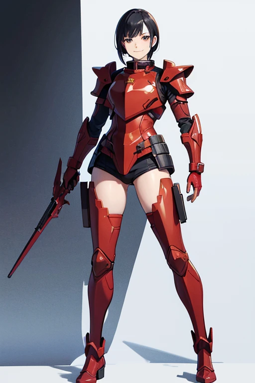 Anime drawings、Full body portrait、Red soldier of space science fiction、A female warrior in armor, about 26 years old and about 160cm tall, walking in red armor、Smiling、Short medium length hair tied up、Black Hair、boots、gloves