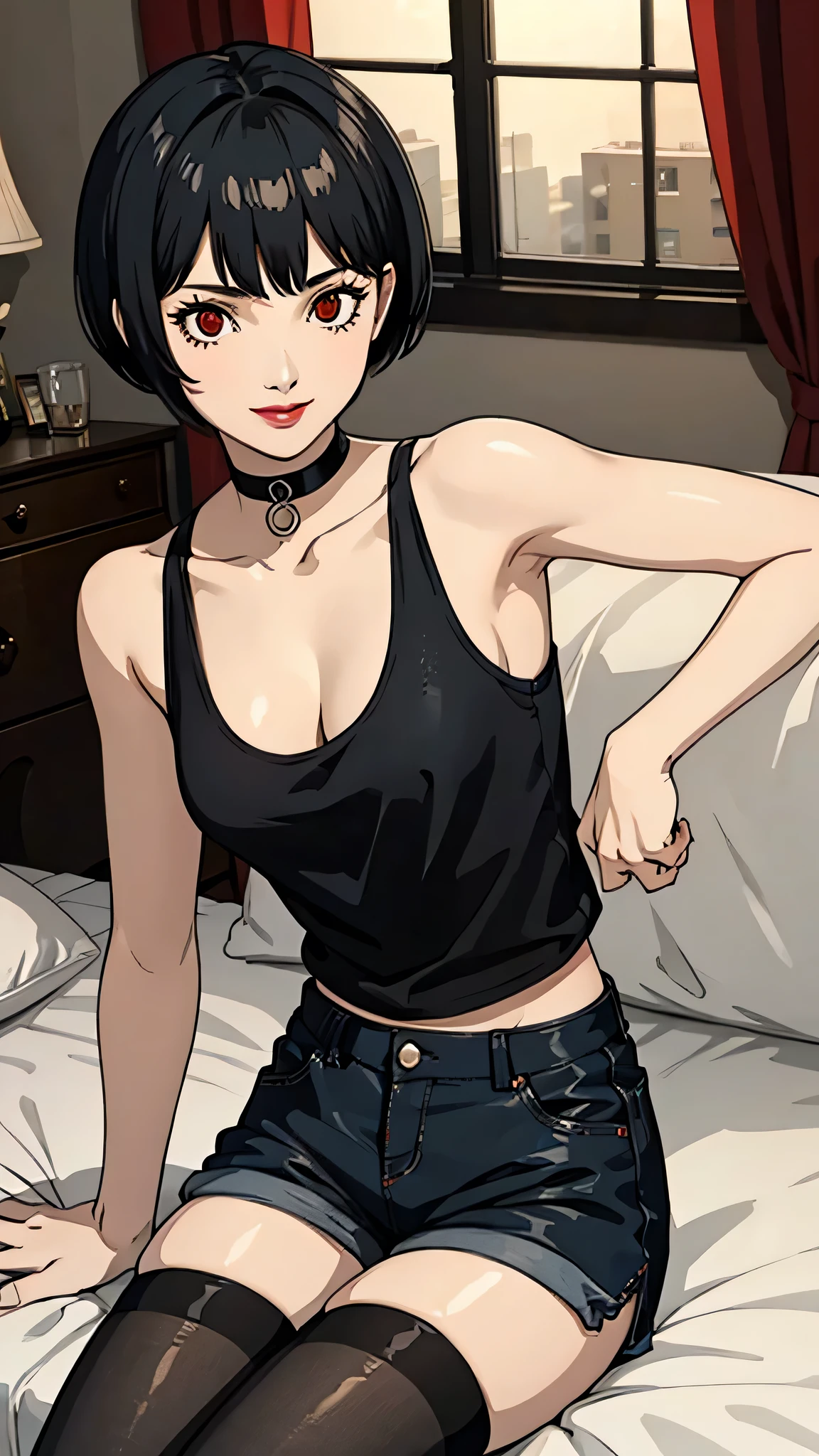 1 girl, Red eyes, very Short hair, black choker, lipstick, smile, black hair, small girl , tomboy Pixie haircut, tank top, shorts, stockings, cowboy shot, sit, bedroom