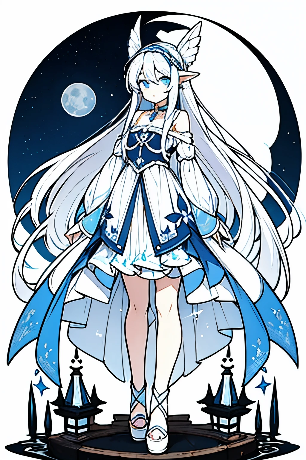 beauty girl long white blue hair bandana 157 cm tall fairy ears under moon full body