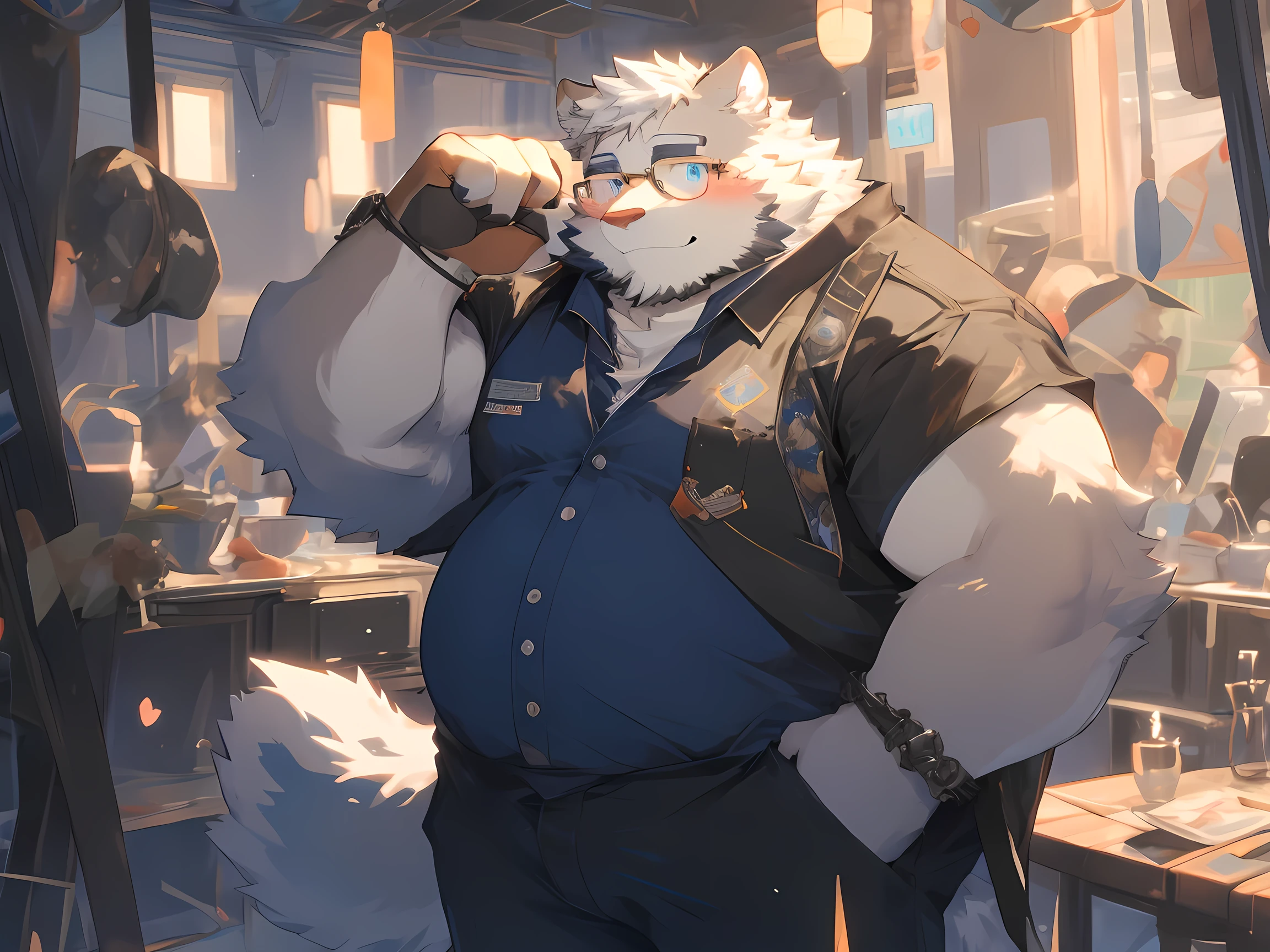 (masterpiece),(Very detailed),(best quality),hairy,Samoyed,white hair,Blue pupils,Smile(blush 1.1),(Black casual wear 1.2),8K,(high quality),Pure white fur,(Rainbow pattern on forehead and ears 1.7),It changes to different colors depending on your mood。Chubby body,Soft and elastic。(The fluffy tail also has a rainbow-colored ring pattern 1.7)。Wearing oversized casual wear,Black and white mechanic jacket,Semi-black-framed glasses,Wearing white socks and sandals
