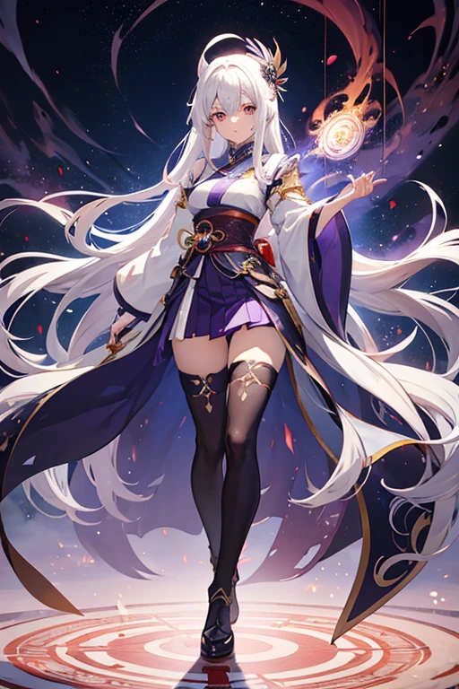 1girl, japanese clothes, long flowing hair ,white hair, purple eyes, magic circle, blue fire, blue flames, wallpaper, landscape, blood, blood splatter, depth of field, night, light particles, light rays, sidelighting, thighs, fate \(series\), genshin impact, ****, open jacket, skirt, thighhighs, cloud