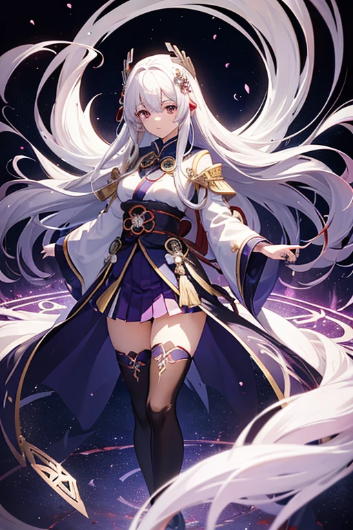 1girl, japanese clothes, long flowing hair ,white hair, purple eyes, magic circle, blue fire, blue flames, wallpaper, landscape, blood, blood splatter, depth of field, night, light particles, light rays, sidelighting, thighs, fate \(series\), genshin impact, ****, open jacket, skirt, thighhighs, cloud