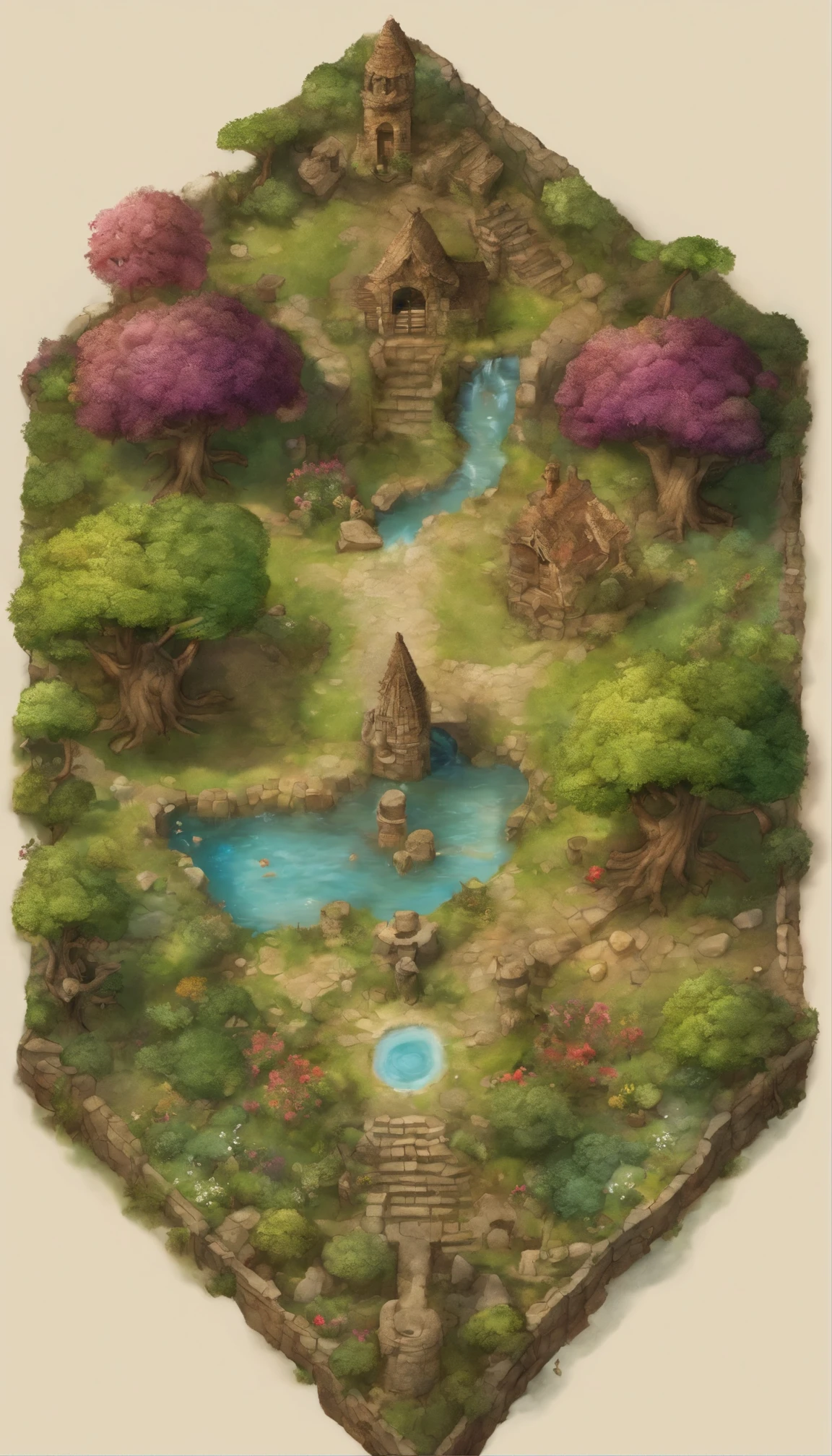 birdseye straight top-down shot from a drone, battlemap of an interior garden ruins, (massive dark magical roots sprouting from west:1.2), (black necrotic magic in the air:1.2), Trees, water fountain, stone statues, dungeons and dragons, final fantasy, game art, (coherent architecture and interior, with realistic proportions and textures, intricate details, handdrawn, vibrant, cinematic lighting, masterpiece, 8k:1.2)