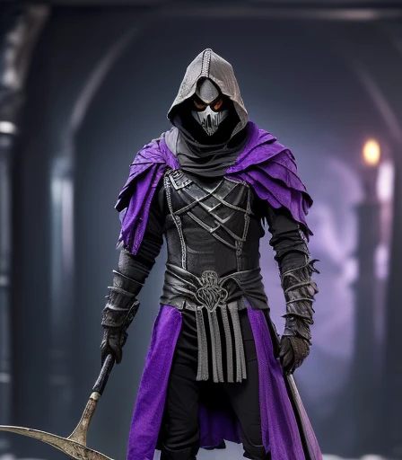 (((There is a humanoid being in the environment who is Death,  with his scythe on his shoulder and his long hood made of fabric degraded by time, these are his clothes. Olhos com chamas roxo, e dentes afiados de caveira))), he is the starting judge of the mystical card game