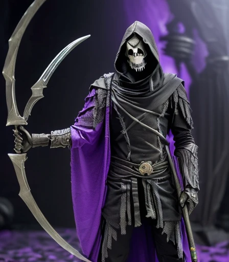 (((There is a humanoid being in the environment who is Death, with his scythe on his shoulder and his long hood made of fabric degraded by time, these are his clothes. Olhos com chamas roxo, e dentes afiados de caveira))), he is the starting judge of the mystical card game