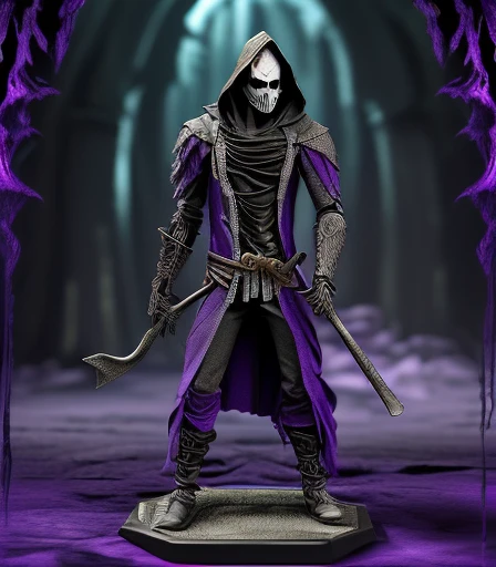 (((There is a humanoid being in the environment who is Death,  with his scythe on his shoulder and his long hood made of fabric degraded by time, these are his clothes. Olhos com chamas roxo, e dentes afiados de caveira))), he is the starting judge of the mystical card game