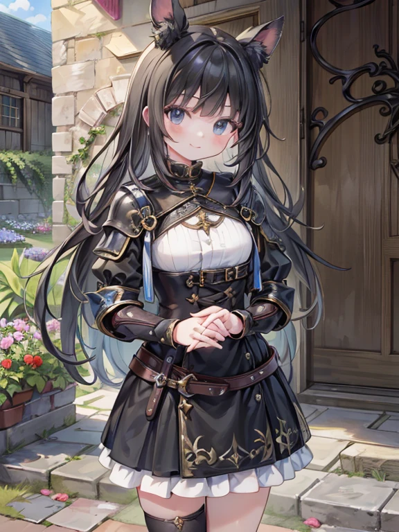 masterpiece, highest quality, Very detailed, 16k, Ultra-high resolution, Cowboy Shot, Detailed face, Perfect Fingers, 14-year-old girl, smile, black eye, Black Hair, Long Hair, Western-style building, garden, paladin, Holy Knight Outfit