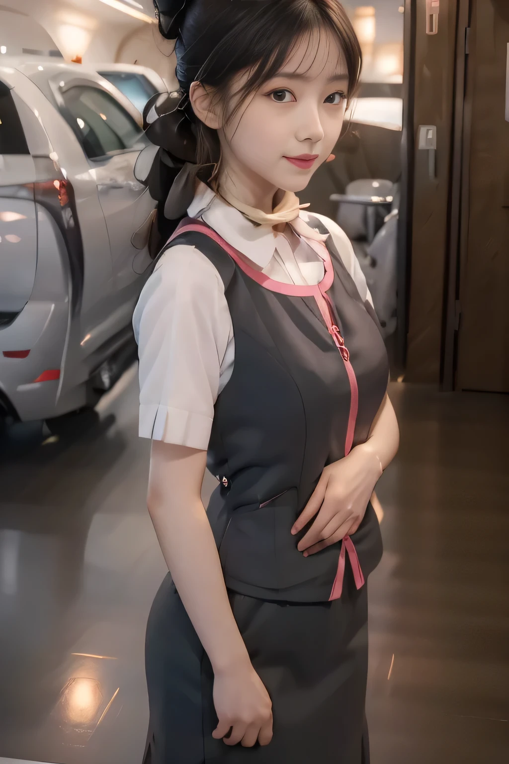 (masterpiece:1.2, highest quality:1.2), 32K HDR, High resolution, (alone、1 girl)、（At the station platform、Professional Lighting）、Station Background、（Realistic style wearing JR GranClass attendant uniform）、Blouse with short sleeves、（The pink line on the vest is the JR GranClass attendant uniform.）、Dark brown hair、（Hair tied up、Bun Hair、Chignon）、Dark brown hair、Long Shot、（（Fine hand：2.0）），（（Harmonious body proportions：1.5）），（（Normal limbs：2.0）），（（Normal finger：2.0）），（（Delicate eyes：2.0）），（（Normal eyes：2.0））)、Luxury Necklace、Captivating look、Beautiful standing posture,Place your hands around your stomach