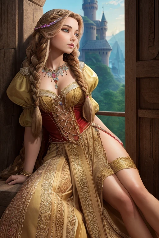 A provocative Rapunzel, her hair woven into intricate braids and adorned with jewels, waiting for her prince to rescue her from her tower of desire.