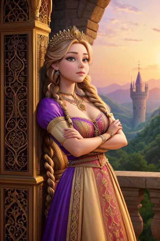 A provocative Rapunzel, her hair woven into intricate braids and adorned with jewels, waiting for her prince to rescue her from her tower of desire.