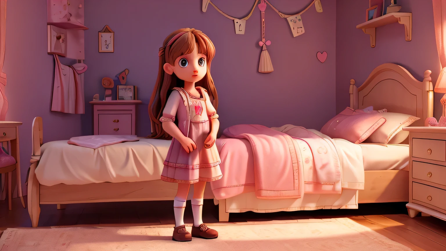 a young girl, Lucy, standing by her bed, worried expression, detailed face, beautiful eyes, delicate facial features, long hair, indoor bedroom scene, soft lighting, detailed textures, photorealistic, high quality, (best quality,4k,8k,highres,masterpiece:1.2),ultra-detailed,(3d rendered)