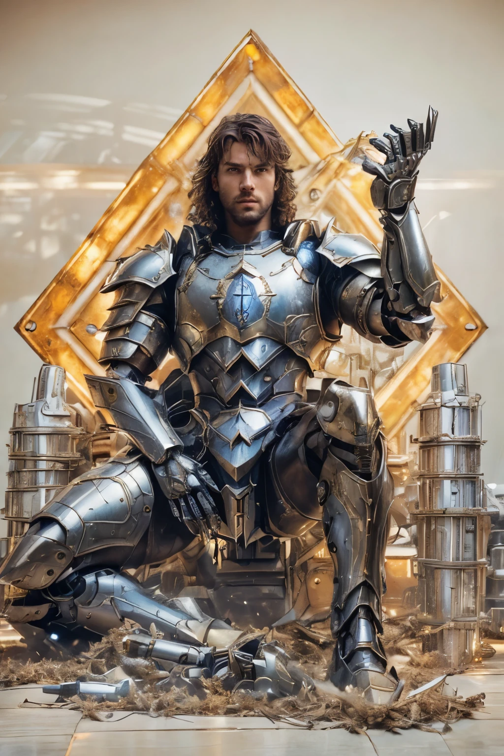 realistic, ((masterpiece)), ((best quality)), (detailed), cinematic, dynamic lighting, soft shadow, detailed background, professional photography, depth of field, intricate, detailed face, subsurface scattering, realistic hair, realistic eyes, muscular, manly, photo of a handsome man, mech4rmor, wearing mechanical paladin armor, glowing, holding shield, dynamic pose, fighting stance,