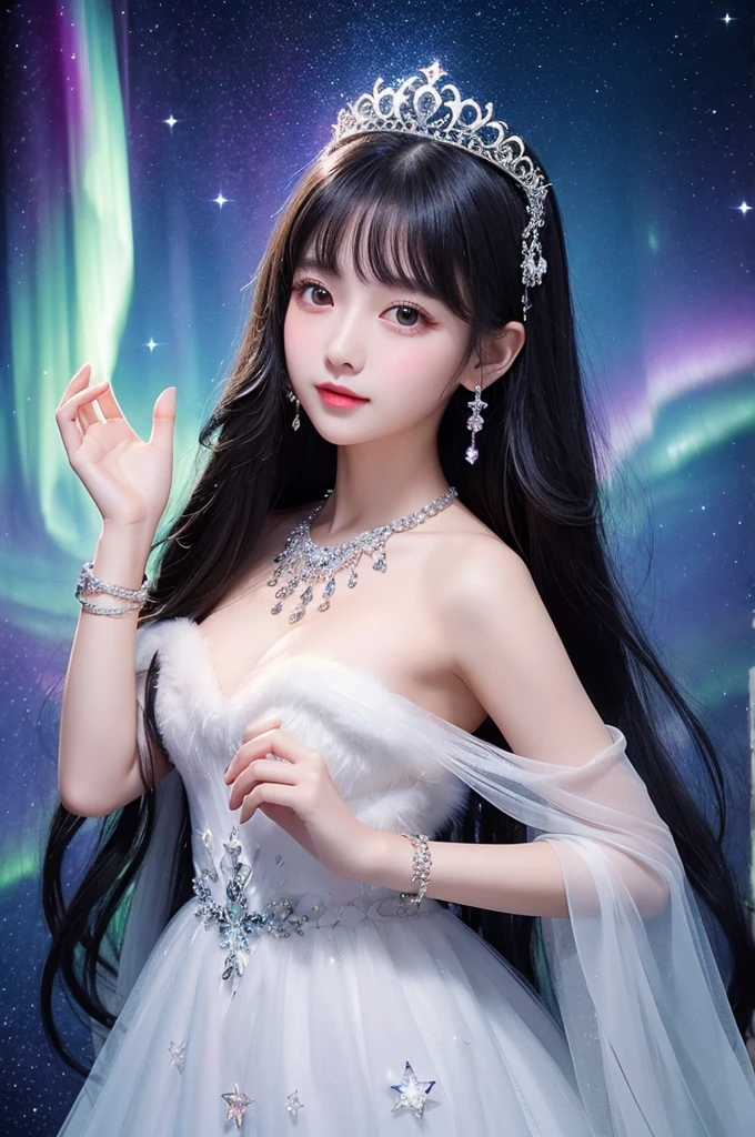 Straight long black hair、A cute girl with a goddess-like face、White fluffy gorgeous dress、Gorgeous necklace、bracelet、Tiara on head、Upper body only、Space、star、Aurora、Sparkly Background