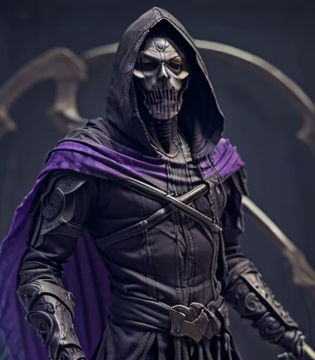 (((There is a humanoid being in the environment who is Death, with his scythe on his shoulder and his long hood made of fabric degraded by time, these are his clothes. Olhos com chamas roxo, e dentes afiados de caveira))), he is the starting judge of the mystical card game