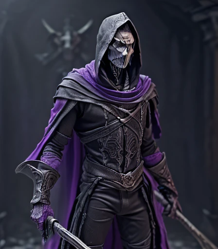 (((There is a humanoid being in the environment who is Death, with his scythe on his shoulder and his long hood made of fabric degraded by time, these are his clothes. Olhos com chamas roxo, e dentes afiados de caveira))), he is the starting judge of the mystical card game