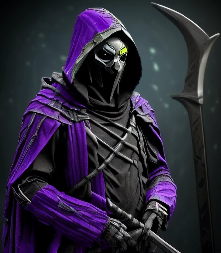 (((There is a humanoid being in the environment who is Death,  with his scythe on his shoulder and his long hood made of fabric degraded by time, these are his clothes. Olhos com chamas roxo, e dentes afiados de caveira))), he is the starting judge of the mystical card game