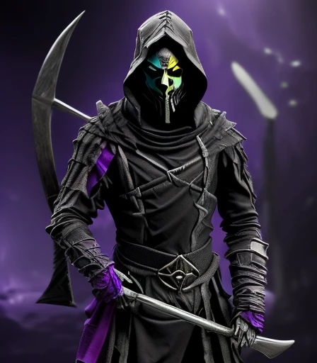 (((There is a humanoid being in the environment who is Death,  with his scythe on his shoulder and his long hood made of fabric degraded by time, these are his clothes. Olhos com chamas roxo, e dentes afiados de caveira))), he is the starting judge of the mystical card game