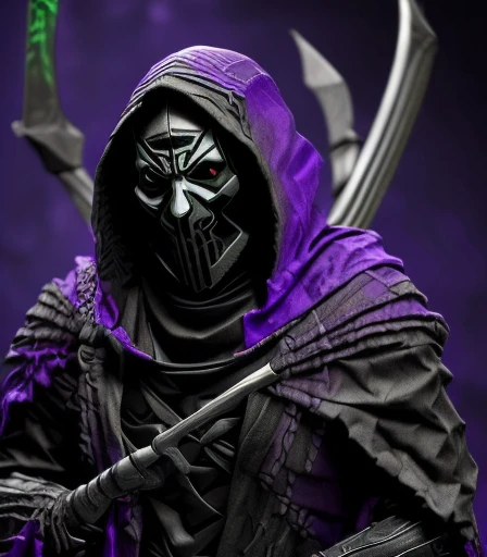 (((There is a humanoid being in the environment who is Death, with his scythe on his shoulder and his long hood made of fabric degraded by time, these are his clothes. Olhos com chamas roxo, e dentes afiados de caveira))), he is the starting judge of the mystical card game