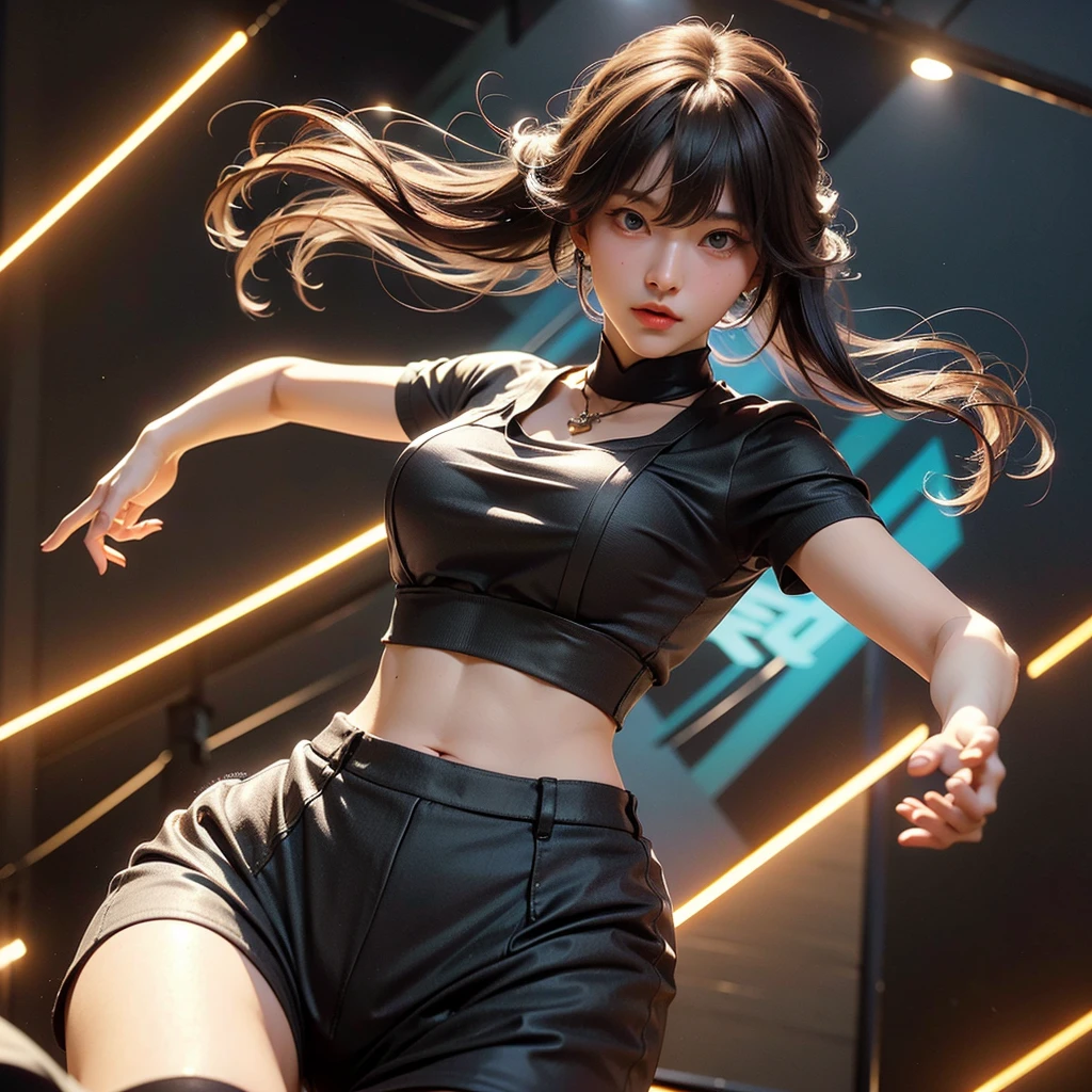 beautiful young russian woman, 8k, Perfect physique,Perfect proportions,detailed face, high quality, photorealistic, stunning eyes, long eyelashes, attractive facial features, flawless skin, light brown hair, tight waist, stylish clothes, necklace, active posing, rough long hairstyle, vivid colors, masterpiece, best quality、Random pose