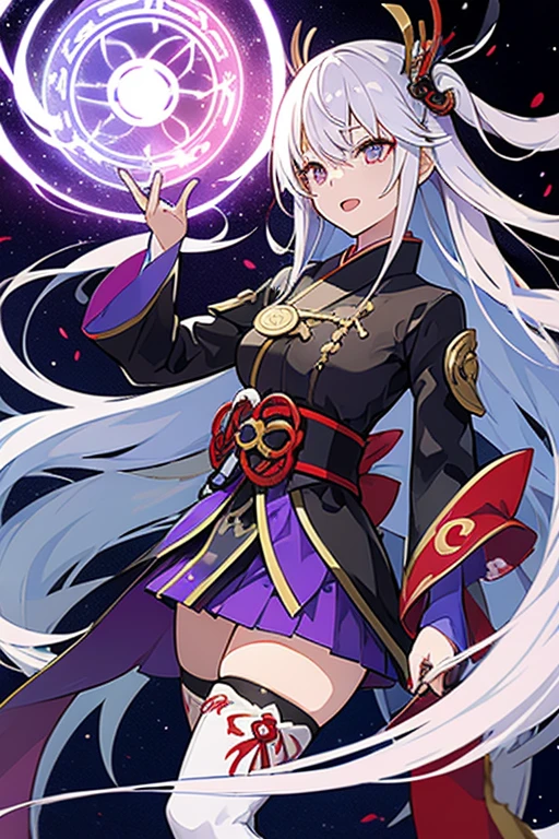1girl, japanese clothes, long flowing hair ,white hair, purple eyes, magic circle, blue fire, blue flames, wallpaper, landscape, blood, blood splatter, depth of field, night, light particles, light rays, sidelighting, thighs, fate \(series\), genshin impact, ****, open jacket, skirt, thighhighs, cloud
