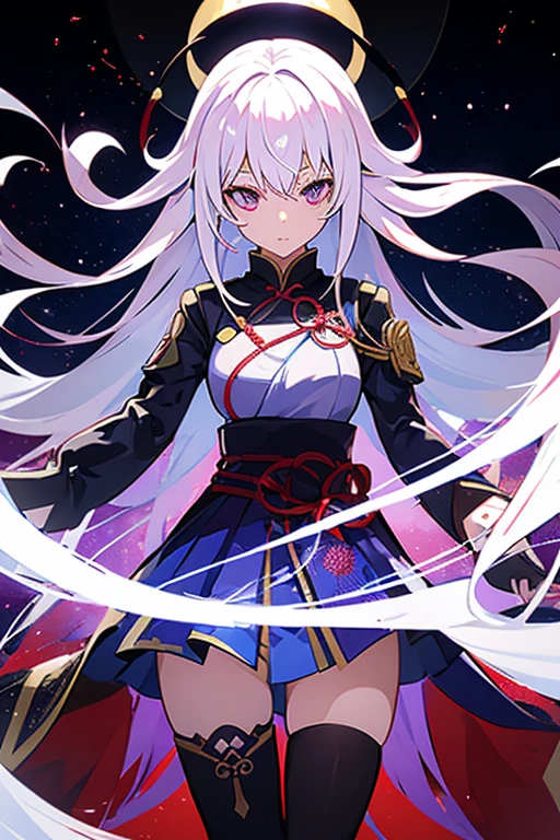 1girl, japanese clothes, long flowing hair ,white hair, purple eyes, magic circle, blue fire, blue flames, wallpaper, landscape, blood, blood splatter, depth of field, night, light particles, light rays, sidelighting, thighs, fate \(series\), genshin impact, ****, open jacket, skirt, thighhighs, cloud