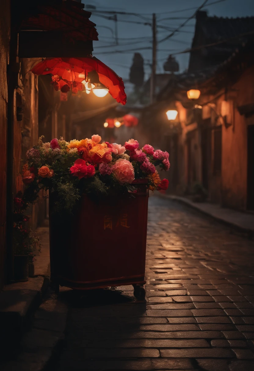 Next to an old trash can,A large bouquet of flowers was discarded,Dark street lights,There are no pedestrians on the road,Realistic style,high quality,Chinese town style