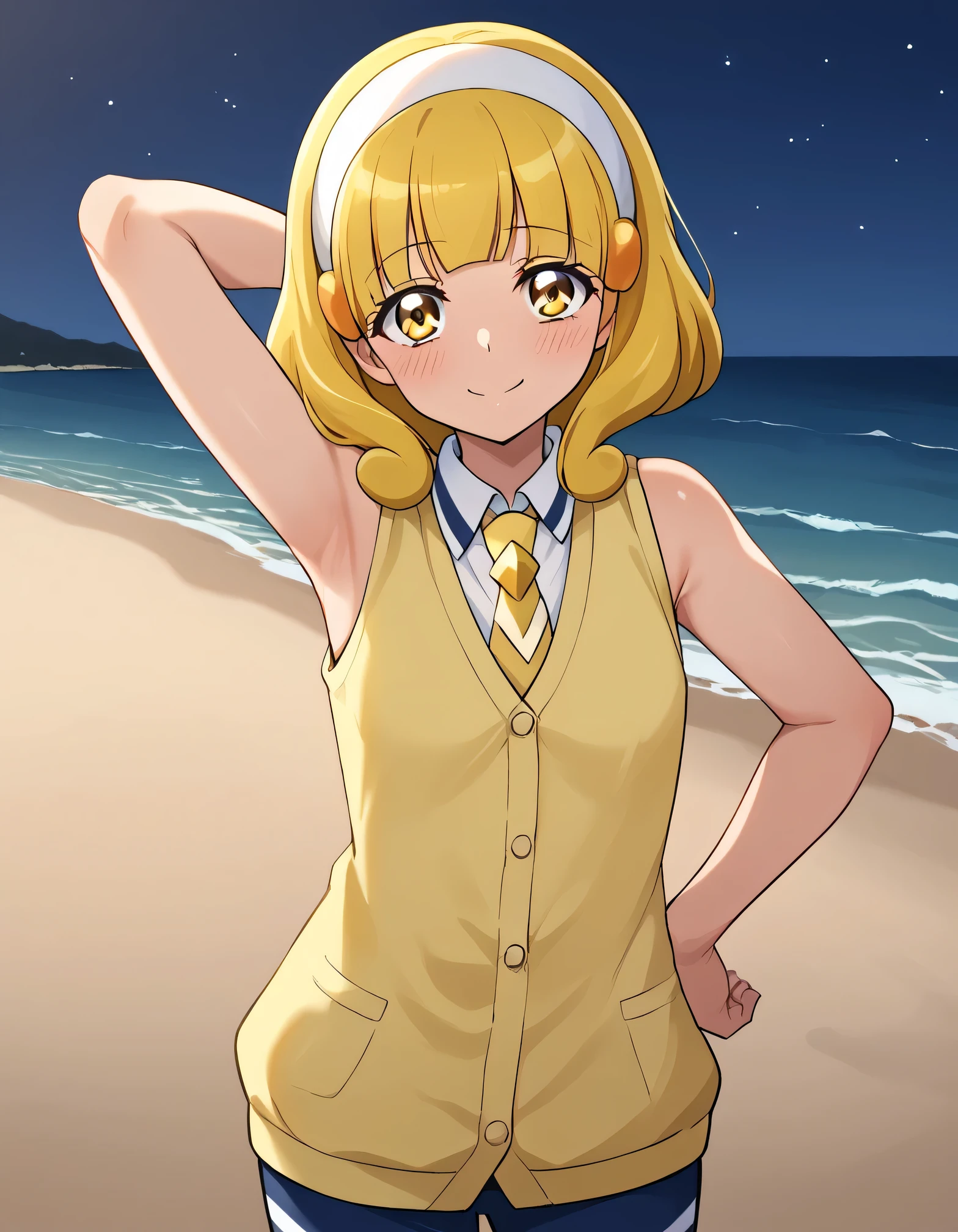 score_9, source_anime, rating_safe BREAK 1girl, solo
kise yayoi, yellow hair, yellow eyes, white hairband, hair ornament, medium hair, nanairogaoka middle , yellow necktie, yellow cardigan, sleeveless, (cowboy shot:1.5), solo, night sky, beach, arm behind head, hand on hip, contrapposto, spread armpits, looking at viewer, best quality, closed mouth, shy, presenting armpit, blushing, smile