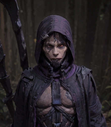 (((There is a humanoid being in the environment who is Death, with his scythe on his shoulder and his long hood made of fabric degraded by time, these are his clothes. Olhos com chamas roxo, e dentes afiados de caveira))), he is the starting judge of the mystical card game
