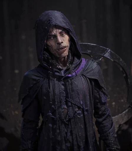 (((There is a humanoid being in the environment who is Death,  with his scythe on his shoulder and his long hood made of fabric degraded by time, these are his clothes. Olhos com chamas roxo, e dentes afiados de caveira))), he is the starting judge of the mystical card game
