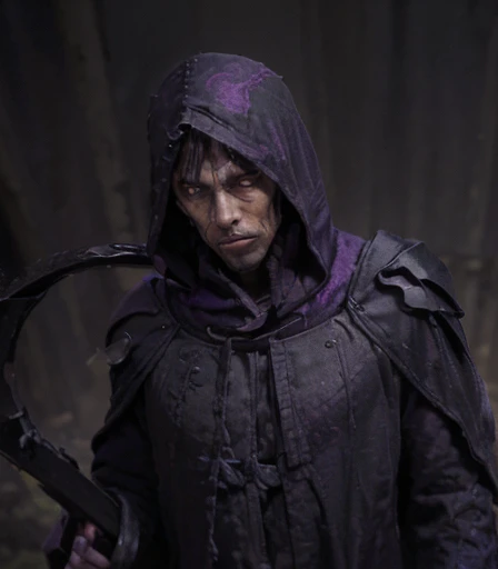 (((There is a humanoid being in the environment who is Death,  with his scythe on his shoulder and his long hood made of fabric degraded by time, these are his clothes. Olhos com chamas roxo, e dentes afiados de caveira))), he is the starting judge of the mystical card game